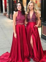 Sexig röd rhinestone pärlstav a-line lång prom klänningar sparkly halter backless afton klänning två bitar sida slit prom klänningar skräddarsydda