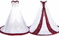 Elegante abito da sposa rosso e bianco ricamo principessa raso una linea pizzo up back tribunale taillers paillettes in rilievo lungo a buon mercato abiti da sposa