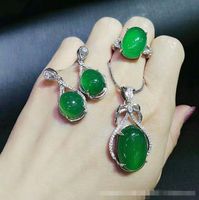 Natürliche grüne Chalcedon Achat Intarsien 925 Silber Anhänger Ohrringe Ring Live dreiteilige Schmuck Set Geschenk