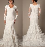 Vintage Champagne Lace Mermaid Modest Wedding Dresses With L...