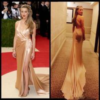 vestido longo Sexy Evening Dresses Long Champagne Satin Plunging Prom Gowns Met Gala Red Carpet Gowns