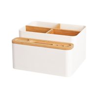 Multifunktionaler Schreibtisch Organizer Plastik-Aufbewahrungsbox mit Bambusfach für Bürohaus Stationerie Kosmetik-Make-up-Bürsten