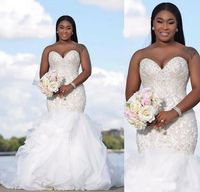 Sweetheart Plus Size Mermaid African Wedding Dresses Cascading Ruffles Beading Crystals Tulle Bridal Dress Wedding Gowns Vestidos de novia