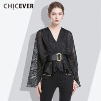 CHICEVER 스트라이프 여성 셔츠 2018 여름 V 넥 배트 윙 슬리브 짧은 여성 블라우스 스타일 패션 의류 새로운