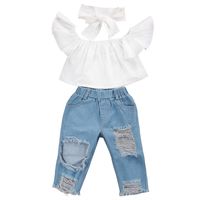 New Fashion Niños Ropa de Niñas Off Shoulder Crop Tops White + Hole Denim Pant Jean Headband 3pcs Nizz Kids Ropa