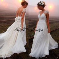 2018 Summer Beach Sexy Backless Wedding Dresses Chiffon A Line Deep V Neck Backless Lace With Bow Sash Custom Made Boho Bridal Gowns