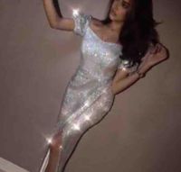 Sexig Silver Yousef Aljasmi Mermaid Prom Klänningar 2019 Off Shoulder Bling Plus Size Evening Gowns Slit Knee Length Red Carpet Long Party Gowns