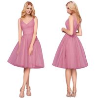 Moderne staubige rosa Tüll Brautjungfernkleider 2019 entworfen eine Zeile V-Ausschnitt Backless Knielangen Cocktail-Prom-Heimkehrkleider Kurz