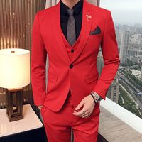 Three Piece Red Wedding Men Suits for Evening Prom Peaked Lapel Slim Fit Custom Made Groomsmen Tuxedos (Jacket + Pants + Vest)