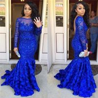 Seksowna Syrenka Royal Blue Suknie Wieczorowe Rękawy Zdjęcia Online Backless African Nigerii Koronki Dress Party Prom Dresses 2018