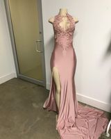 Blush rose sirène robes de bal 2018 Halter Neck Appliques dentelle formelle Party Wear haute face Split Plus taille robes de soirée