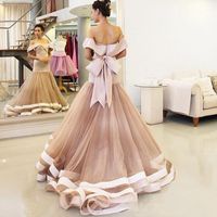 Chiffon Off The Shoulder Dusty Pink Evening Dress Big Skirt Prom Dress With Piping Details vestidos de fiesta de noche