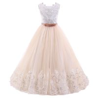 2018 Ny mode tulle juvel applique ärmlös paljetter blomma flicka klänningar barns pagant klänning vit båge fri frakt