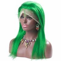 Cheia Do Laço Perucas de Cabelo Humano Brasileiro Cor Verde peruca Em Linha Reta Sem Cola Grosso Dianteira Do Laço perucas de cabelo humano Com o Cabelo Do Bebê
