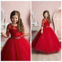 Red New Pricness Flow Girl's Dresses Sheer Crew Neck Half Sleeves Lace Appliques Beaded Belt Elegant Kid's Formal Girls Pageant Dresses