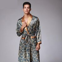 Hommes Paisley Motif Peignoir Kimono Robes V-Cou Faux Silk Silk Homme De Dex-vêtement de nuit Homme Satiné Bain Satin Robe