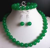 12mm grüner Jade Edelstein Runde Perlen Halskette + Armband + Ohrringset