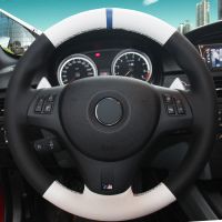 Black White Genuine Leather Hand- stitched Car Steering Wheel...