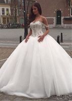 Impressionante contas de cristal vestido de baile vestidos de casamento fora do ombro Lace Applique Branco Tulle Plus Size vestidos de noiva Corset