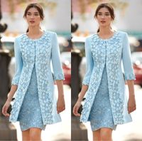 İki Adet Açık Mavi Gelin Elbiseler 3D Aplike Jewel 3/4 Kollu Diz Boyu Anne Elbise Kapaklı