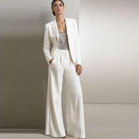 White Ivory Mother Of The Bride Pant Suits Sequins Satin Long Sleeves Formal Gowns Wedding Guest Mother Of The Bride Suits Three Sets