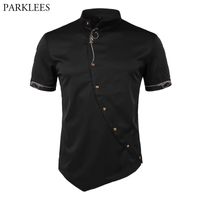 Nakış Gömlek Erkekler 2018 Kişilik Eğik Düğme Düzensiz Erkek Nedensel Elbise Gömlek Kısa Kollu Mandarin Yaka Gömlek Erkek