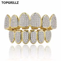 TOPGRILLZ New Custom Fit Gold Denti Grillz Micro Pave CZ Top Bottom Hip Hop Grillz Set Vampire Classic Denti Griglie