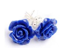 Genuine 10mm Dark Blue Coral Rose Flower Silver Stud Earring