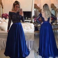 Royal Blue A-line Illusion Back Prom Dress Jewel Neck Full Sleeve Lace Appliques Bow Tie Sash Formal Gown Chiffon Long Prom Dress