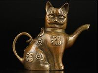 تحصيل رائعة الآسيوية القديمة اليدوية صب النحاس تماثيل القط إبريق الشاي