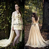 Renaissance Medieval Prom party Dresses 2019 Christmas Halloween costume party Vintage Champagne Long Sleeves Chiffon High Low evening gown