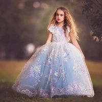 Prenses Renkli Aplikler Çiçek Kız Elbise Jewel Boyun Kısa Kollu Sequins Boncuklu Balo Kızlar Pageant Elbise Custom Made