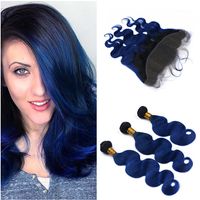 Body Wave #1B/Blue Ombre 13x4 Full Lace Frontal Closure with Weaves 3Pcs Black and Dark Blue Ombre Virgin Peruvian Human Hair Bundles