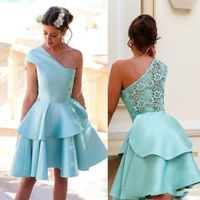 2021 Lace One Shoulder Short Homecoming Dresses Satin Sleeve...