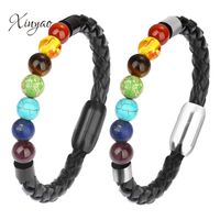 XINYAO 2018 New Braided Black Leather Bracelets Stainless Steel Magnetic Friendship Bracelets 7 Chakra Natural Stone Bead Bangle