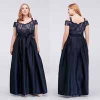 Dark Navy Plus Size Lace Prom Dresses Off The Shoulder Evening Gowns With Sash A Line Cheap Taffeta Floor Length Formal Dress