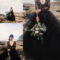 Black Tulle Bohemia Gothic Wedding Dresses Party Bridal Formal Gowns Backless with Illusion Long Sleeve Puffy
