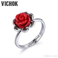 925 Sterling Silver Ring Red Rose Vintage Ring Platinum Colo...