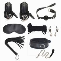 Svart läder bondage set kit med sex armband manschetter mun gag fetish slave fasthållning whip blindfold rep neck halsband