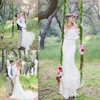 2019 Romantic Off the Shoulder Bohemian Vestidos de casamento Sweep Trem Lace Garden Beach vestidos de noiva Custom Made Plus Size Boho Vestidos de casamento