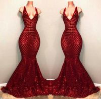 Kırmızı Bling Bling Payetli Balo Parti Elbiseler Kolsuz Mermaid Dalma V Boyun Siyah Kız Afrika Ünlü Elbiseler Abiye giyim