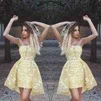 2019 New Yellow Homecoming Dresses Strapless Tulle 3D Floral Appliques Short Prom Dress Party Wear Gorgeous Train Cocktail Gowns