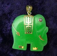Green Jade Yellow Gold Plated Red Ruby Eyes Elephant Pendant and Necklace