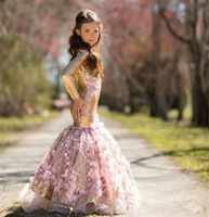 Yeni 2019 Kız Pageant elbise Altın Sequins El Yapımı Çiçekler Uzun Kollu Çocuklar Mermaid Örgün Balo Abiye Yeni Yıl Için