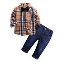 2 PCS Ternos Crianças Meninos Roupas Conjuntos de Algodão Criança Camisa Xadrez + Calça Jeans Primavera Outono Crianças Meninos Define Crianças roupas