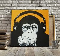 Gorila Escuchando La Música Pintado a mano Divertido Animal de la historieta Arte de la pared Pintura al óleo Decoración para el hogar En la lona. Múltiples tamaños / marco Opciones A119
