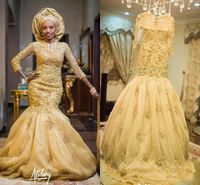 Afrikanische traditionelle Brautkleider mit langem Ärmel 2018 bescheidene Luxus-Goldspitze 3D-Blumen-Perlen-Meerjungfrau-Juwel-Braut-Hochzeitskleid