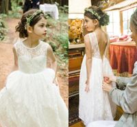 Romántico 2018 Boho country Vestidos de niña de flores para bodas Barato Encaje con gradas Concurso formal Boda cumpleaños comunión Vestido formal