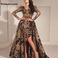 Роскошные Черное золото блестками Русалка с длинными рукавами Вечерние платья 2021 Саудовская Аравия Дубай Марокканский Съемные Поезд мусульманская платье