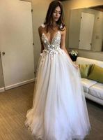 Long Tulle A Line Wedding Dresses 2019 Spaghetti V Neck Bead...